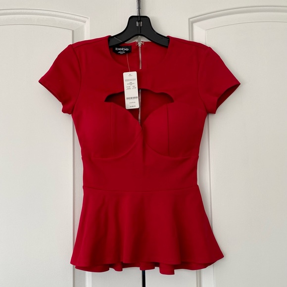 bebe Sweetheart Open Neck Peplum Top - Picture 3 of 5